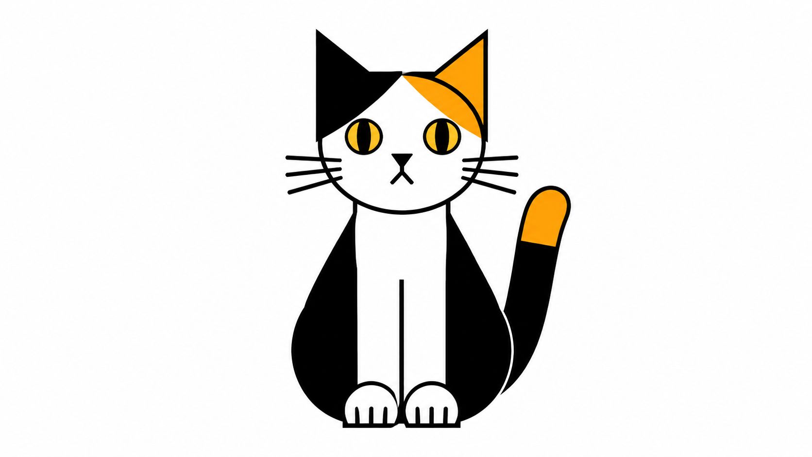 A simple flat graphic illustration of a sitting calico cat with black, white, and orange coloring.