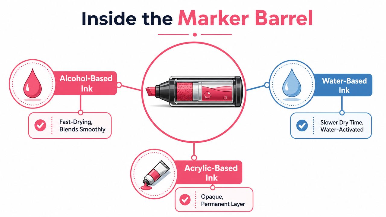 An infographic detailing the differences between alcohol-based, water-based, and acrylic-based marker inks and their properties.