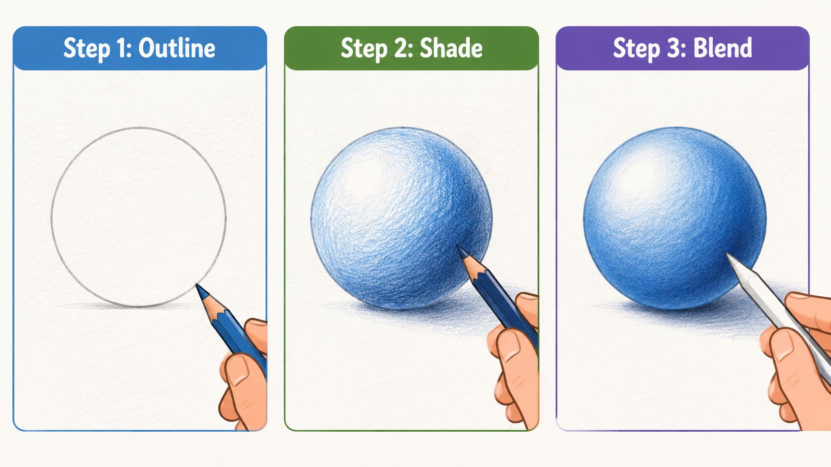 A three-step guide showing how to draw and shade a blue sphere using colored pencils.