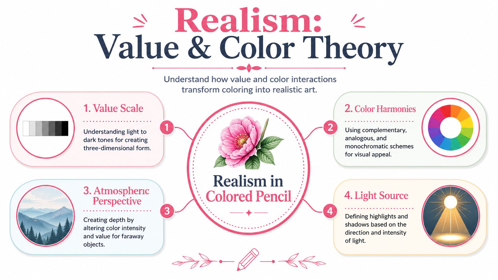 An infographic titled Realism Value and Color Theory explaining four key concepts for colored pencil artists.