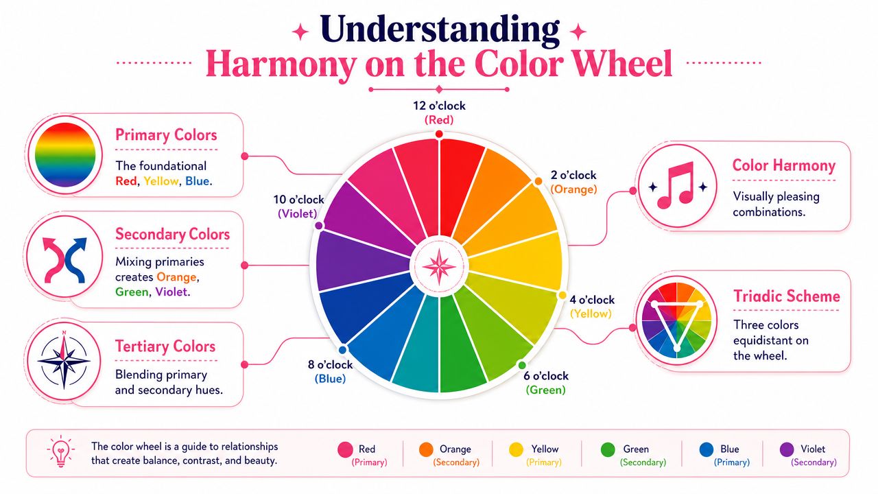An infographic titled Understanding Harmony on the Color Wheel, displaying color relationships, primary, secondary, and tertiary colors.