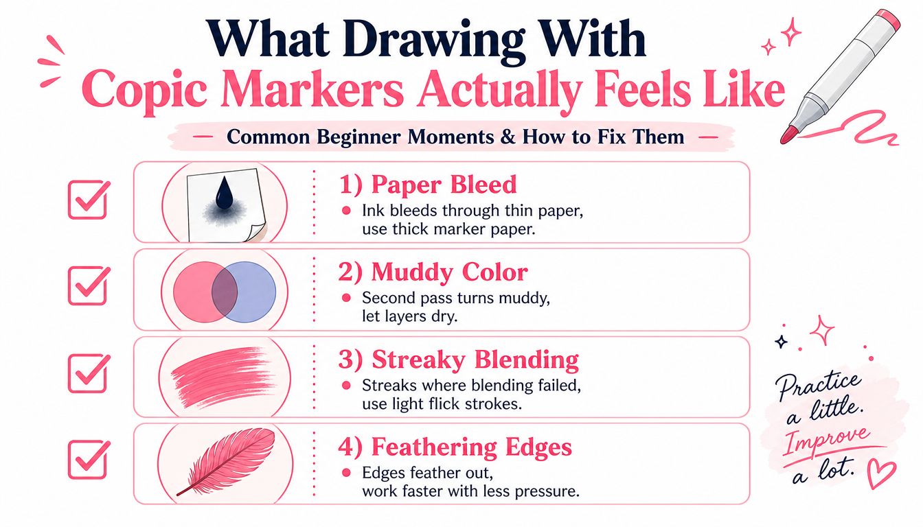 An infographic showing common Copic marker drawing mistakes like paper bleed, muddy colors, streaks, and feathering.