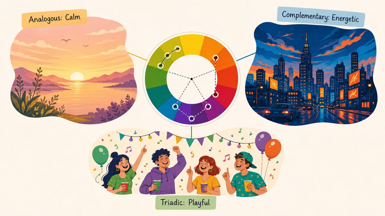 A diagram illustrating color theory concepts using artistic examples for analogous, complementary, and triadic color schemes.