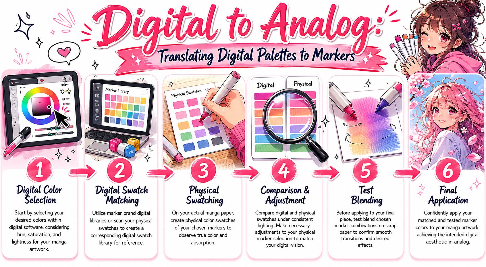 An illustrated guide detailing six steps for translating digital art color palettes into physical marker color combinations.