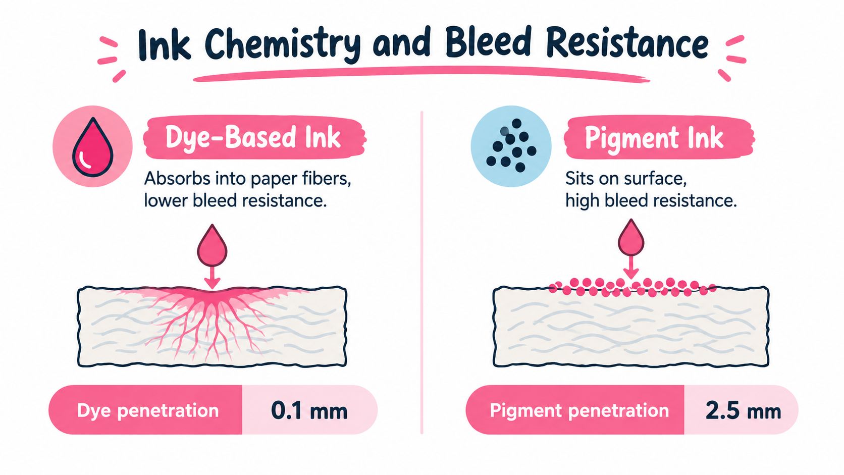 An educational infographic comparing dye-based ink and pigment ink with illustrations showing how they interact with paper.