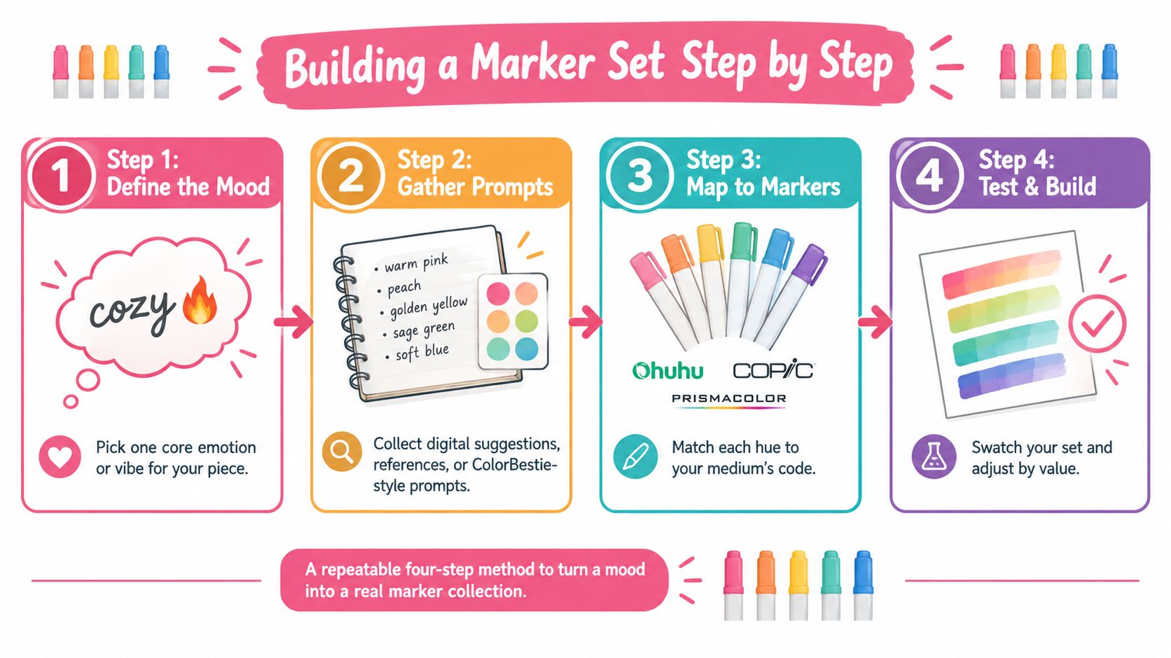 A four-step infographic illustrating a simple method for building a custom color marker set for artists.