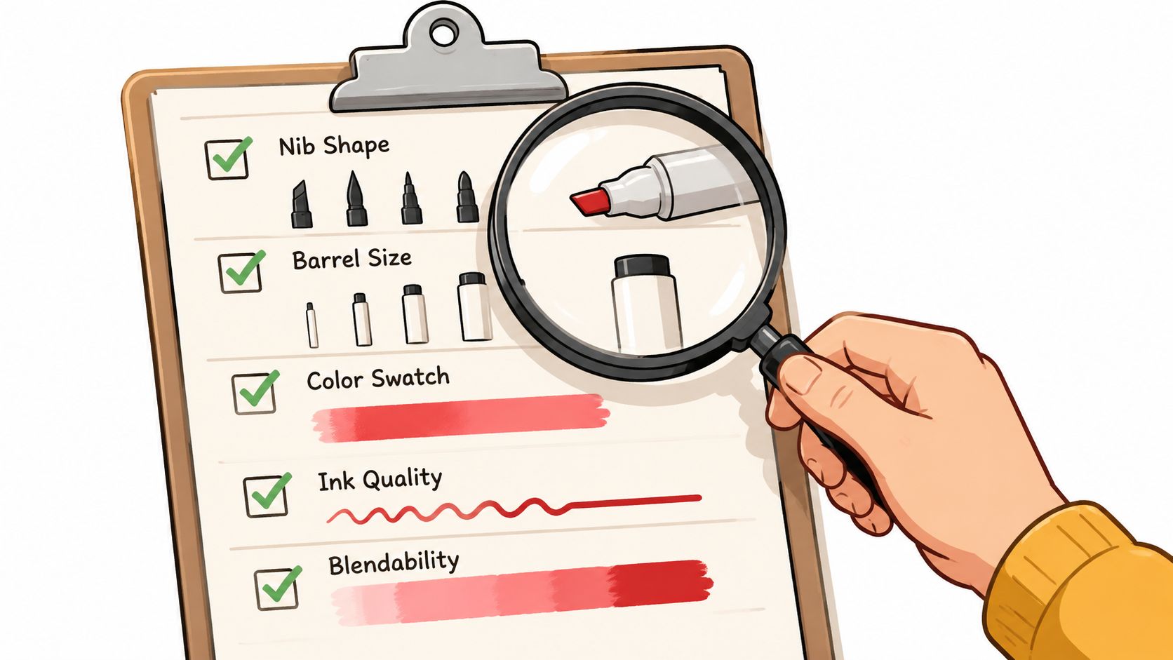 A hand holding a magnifying glass over a checklist evaluating various professional art marker features.