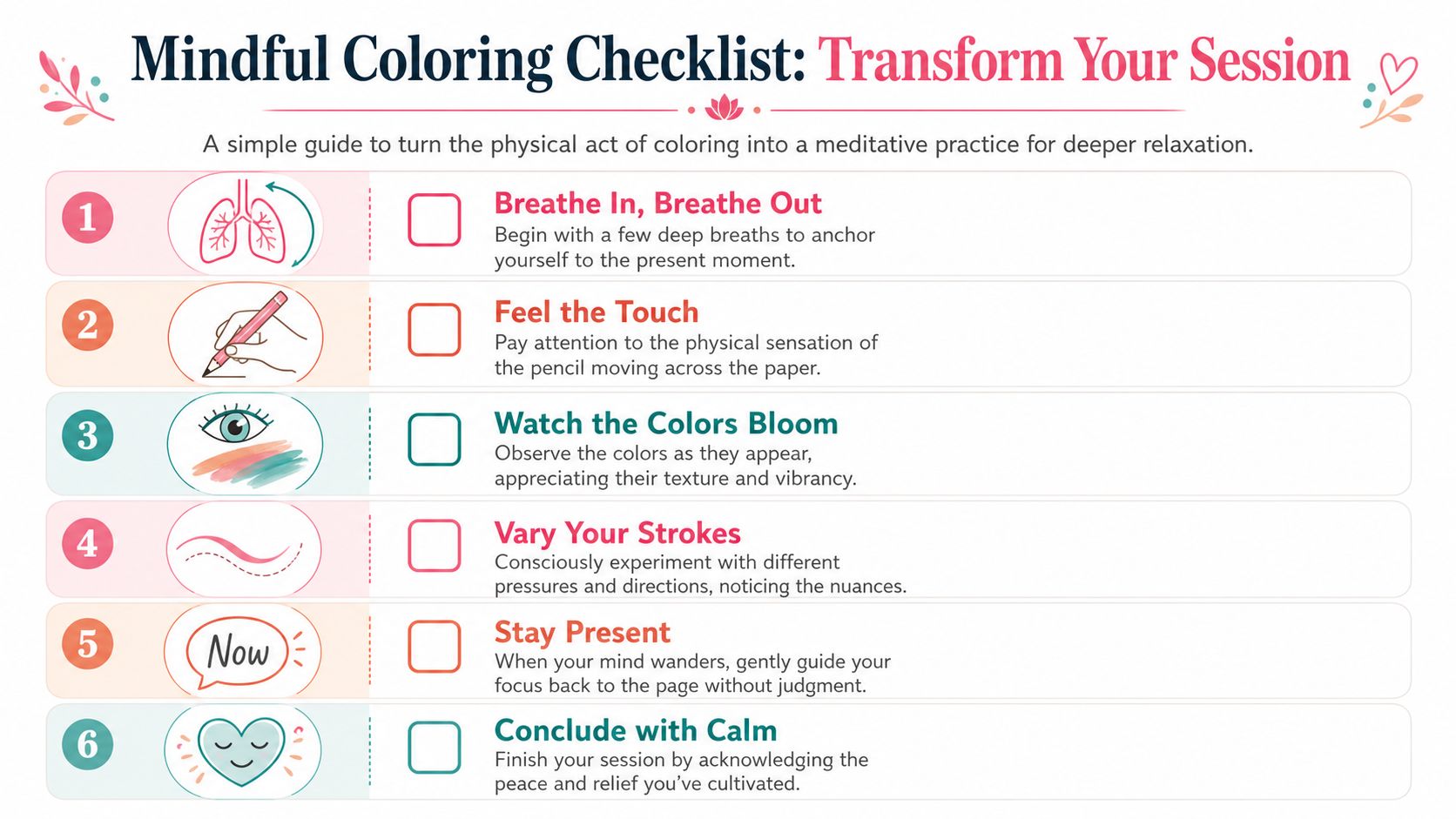 A mindful coloring checklist graphic detailing six steps to transform coloring into a meditative relaxation practice.