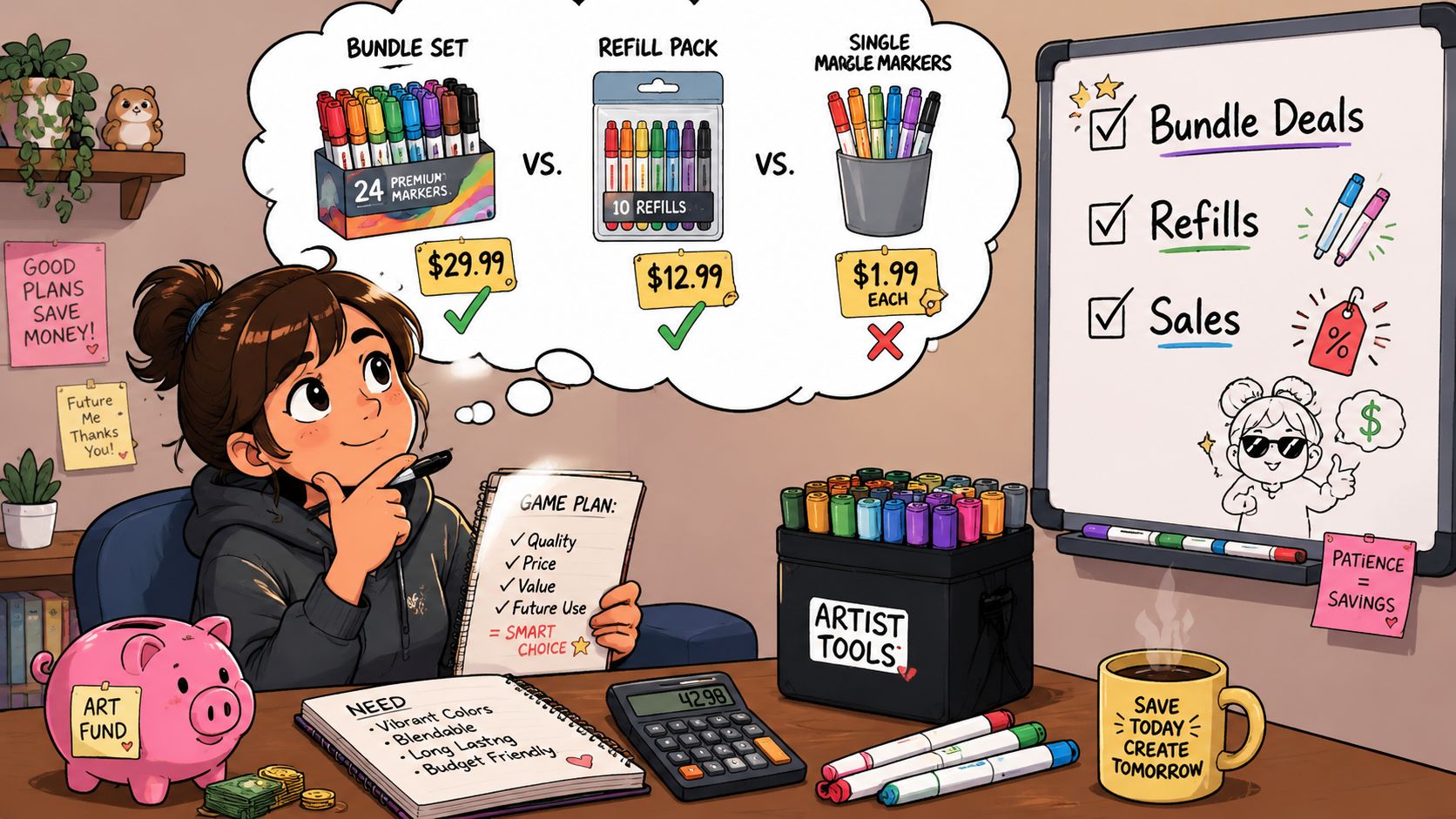 A young artist comparing prices of marker sets to make a budget-friendly and smart shopping decision.