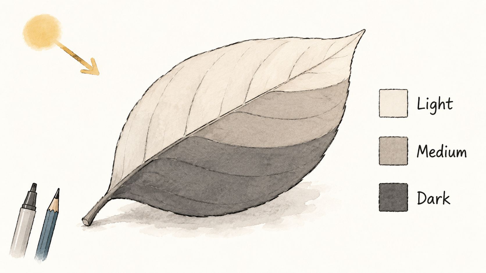 A tutorial diagram showing how to shade a leaf using light, medium, and dark color values.