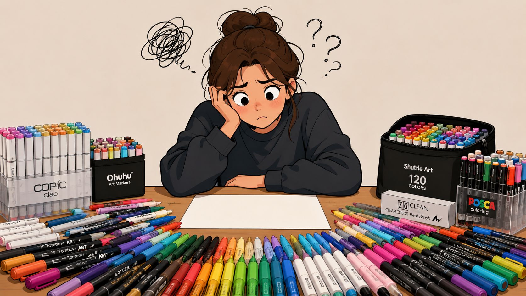 A confused young artist looking at a blank canvas surrounded by many colorful markers on a desk.