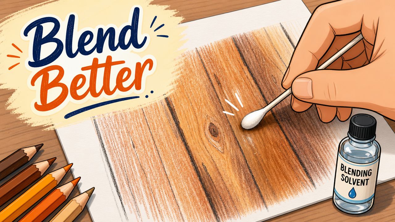 A hand using a cotton swab and blending solvent to smooth out colored pencil strokes on wood grain paper.