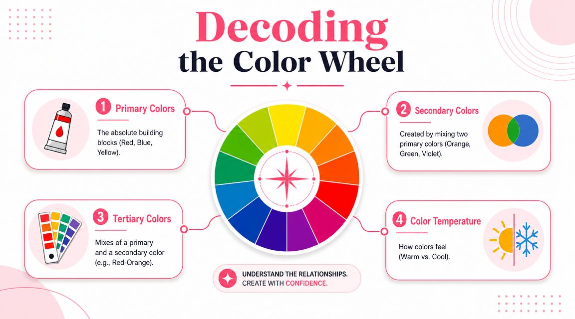 An infographic explaining the color wheel, featuring primary, secondary, and tertiary colors with color temperature details.