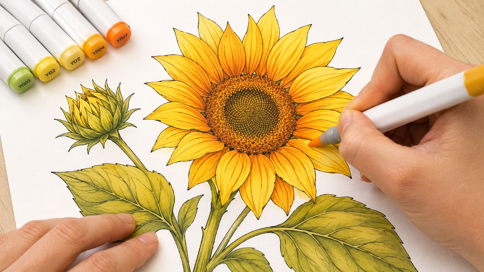 Artist coloring a detailed sunflower illustration with vibrant alcohol markers to demonstrate analogous color schemes on paper.