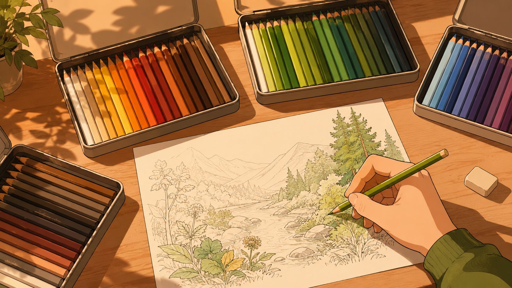A hand coloring a detailed landscape drawing with a green pencil next to several organized pencil sets.