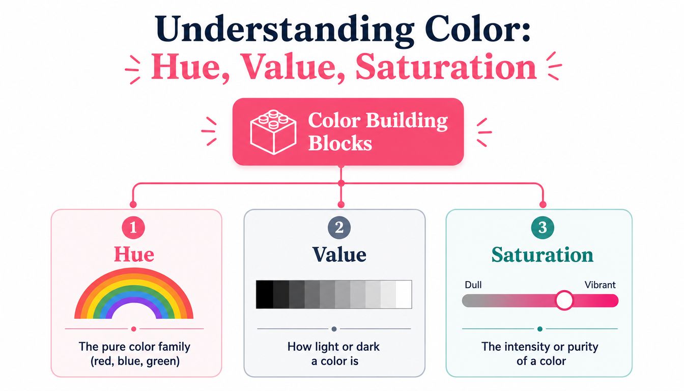 A diagram explaining color theory concepts including hue, value, and saturation for digital design and art.
