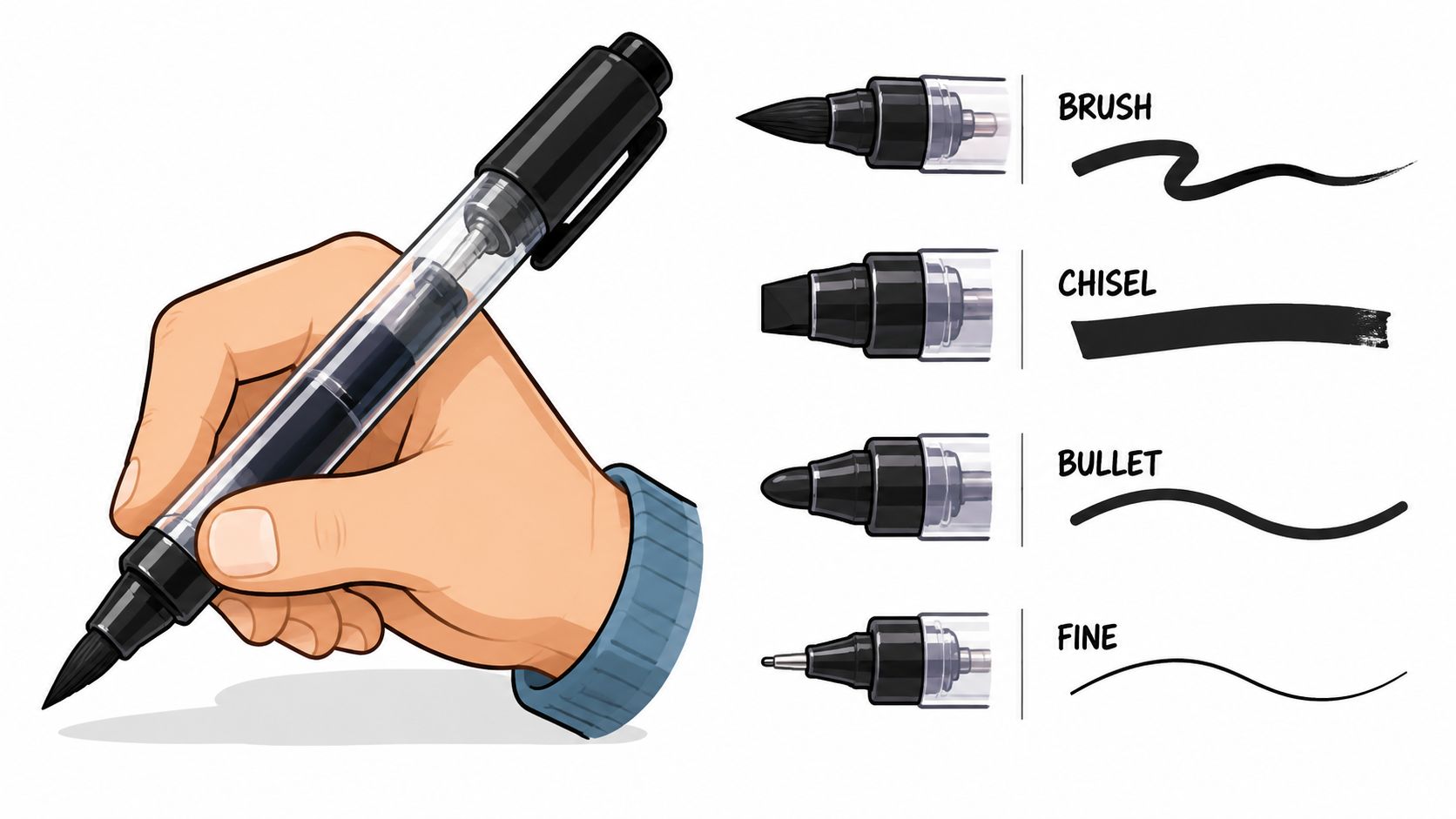 A hand holding a modular marker with interchangeable brush, chisel, bullet, and fine point tips displayed.