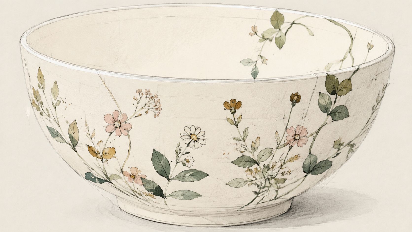 A delicate watercolor painting of a ceramic bowl decorated with intricate floral illustrations on a plain background.