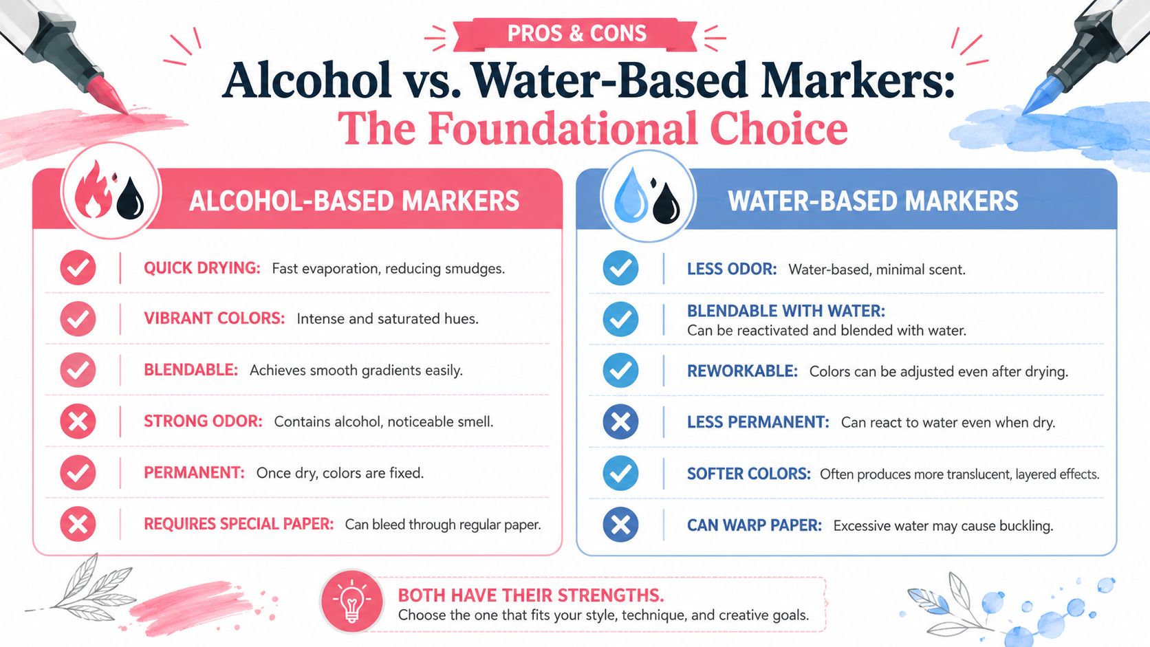 A comparative infographic outlining the pros and cons of alcohol-based versus water-based markers for artists.