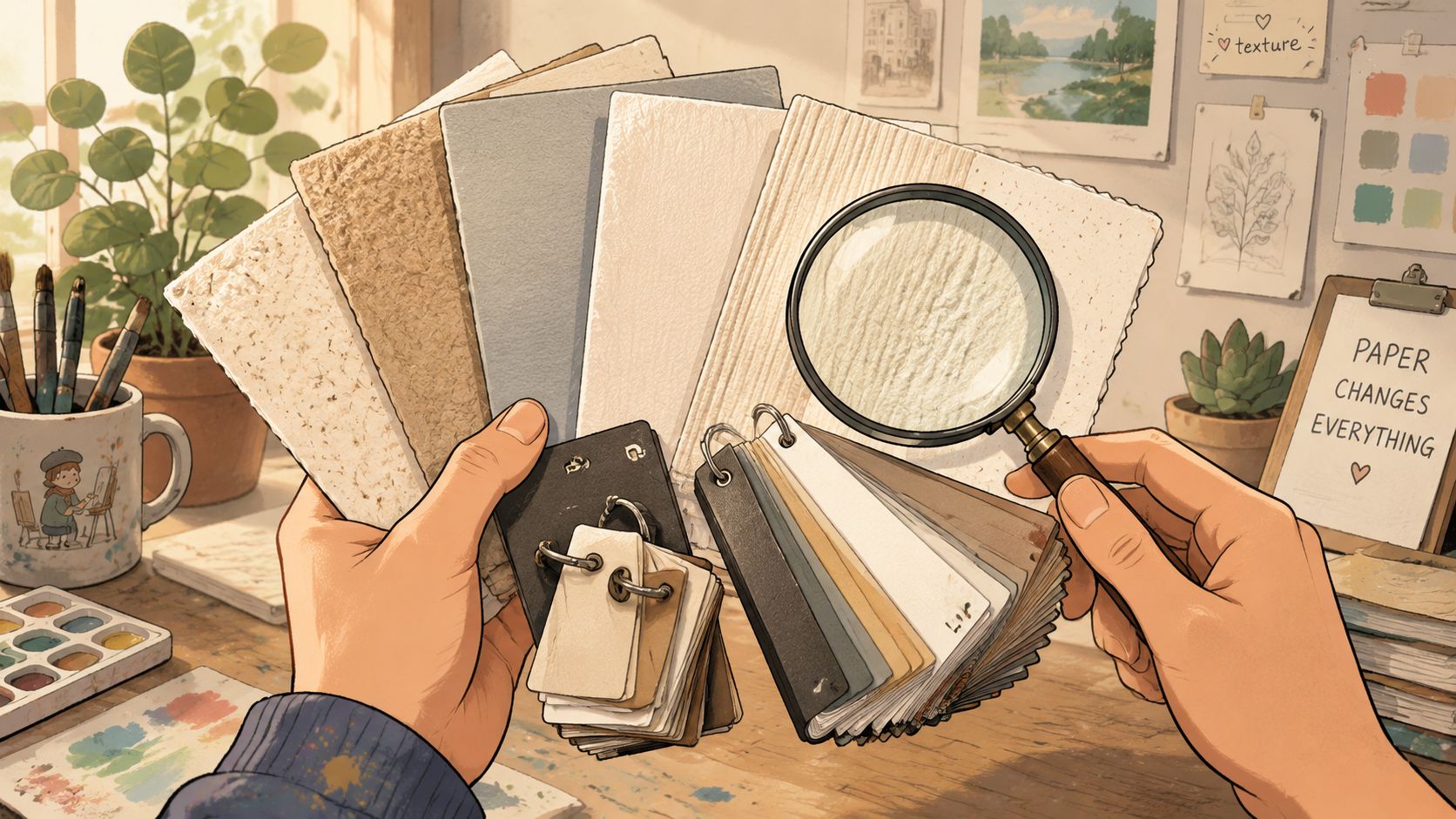 A person examining different paper texture swatches and color samples with a magnifying glass in a studio.