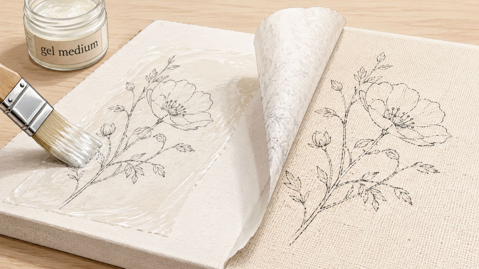 A paint brush applying gel medium to a floral line drawing on canvas as an image transfer.