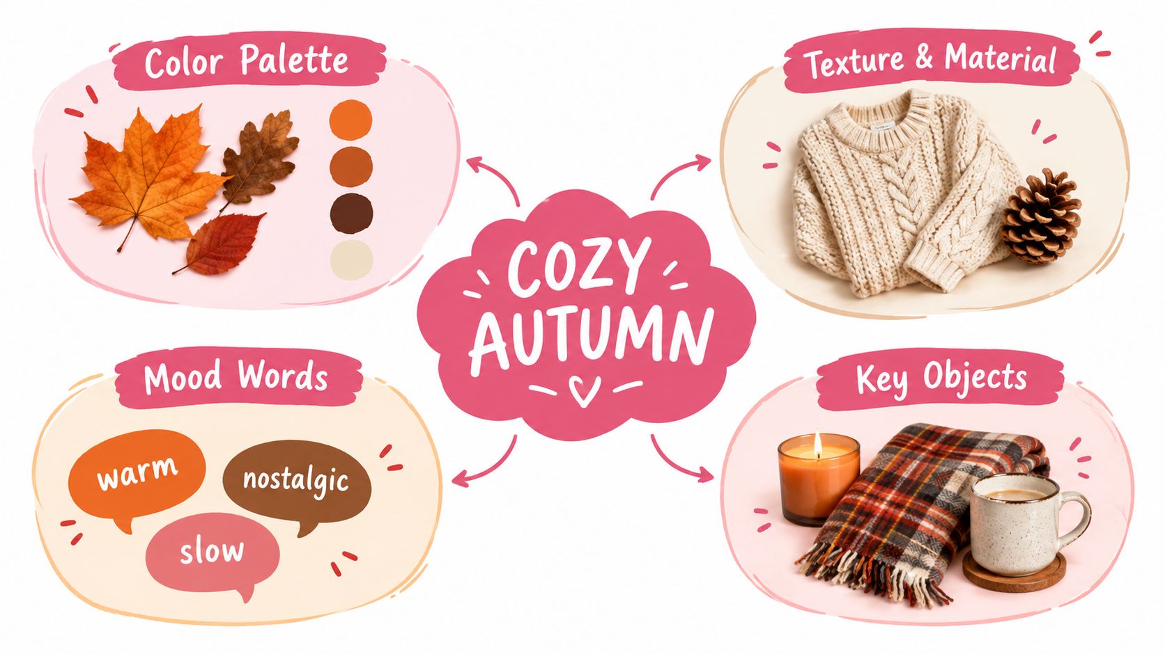 A cozy autumn mood board featuring seasonal colors, warm textures, descriptive mood words, and rustic items.