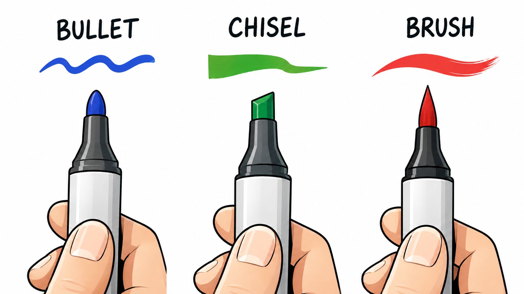 Three markers showing different tip styles: bullet, chisel, and brush with corresponding stroke samples above them.