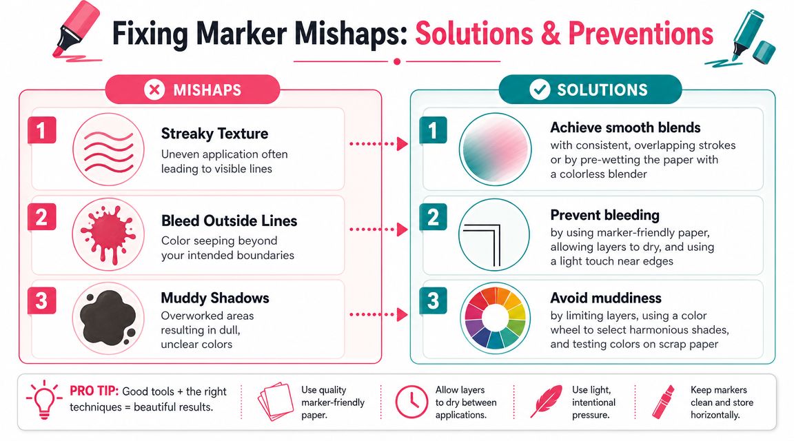 An infographic illustrating common marker problems like streaky texture and solutions like smooth blending techniques.