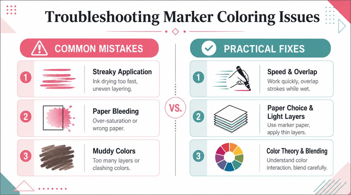 An infographic detailing common marker coloring mistakes and practical fixes to improve marker application and blending techniques.