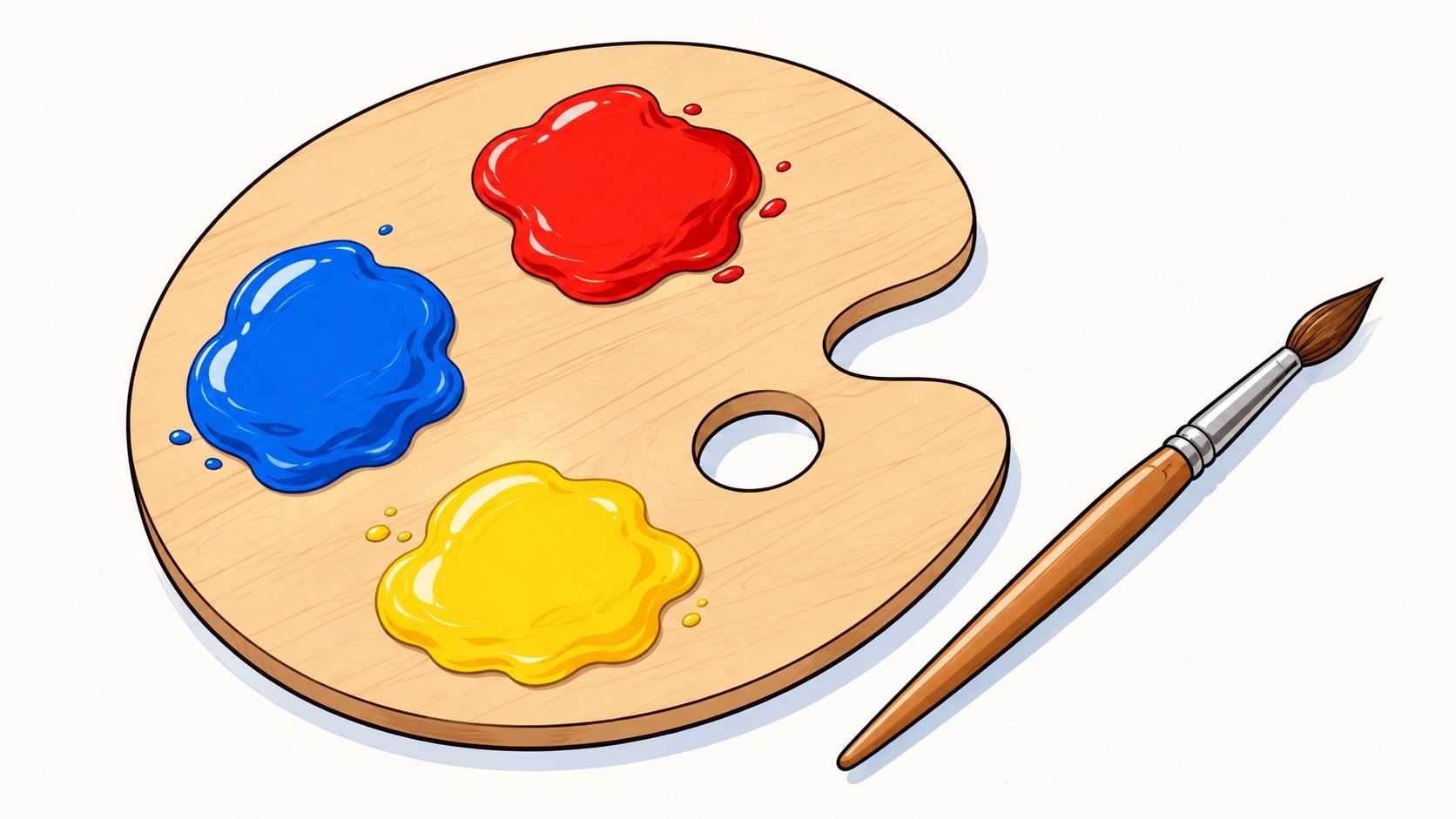 A wooden artist palette with blobs of red, blue, and yellow acrylic paint next to a brush.