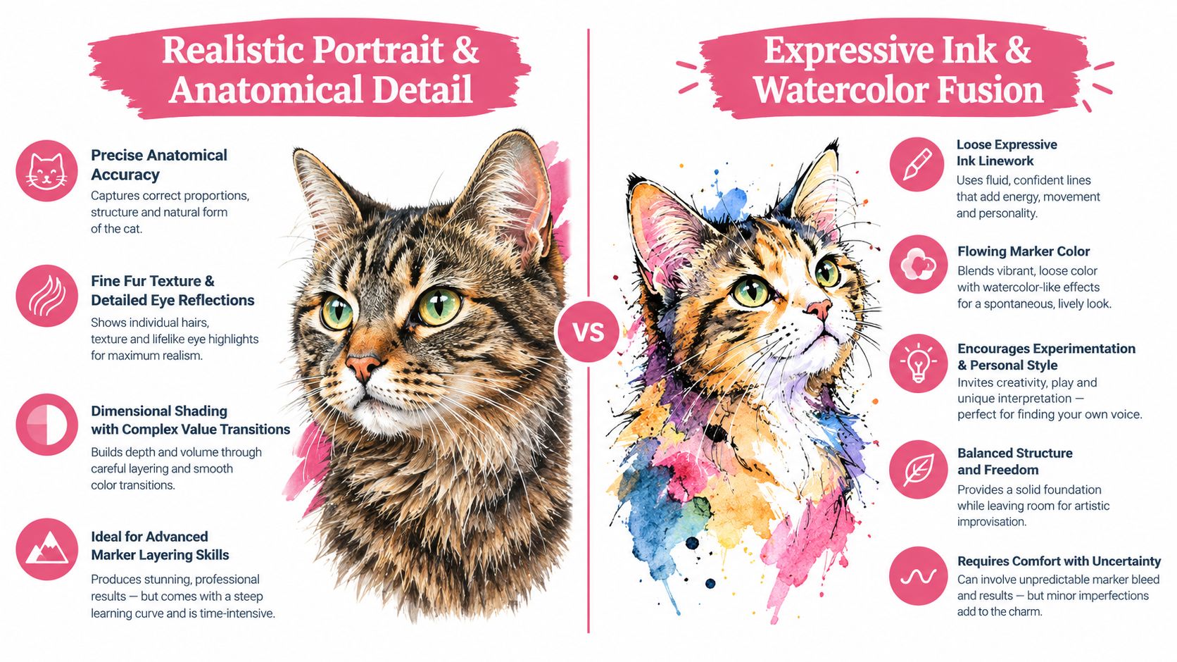 A comparison infographic featuring a realistic cat portrait versus an expressive ink and watercolor cat drawing.