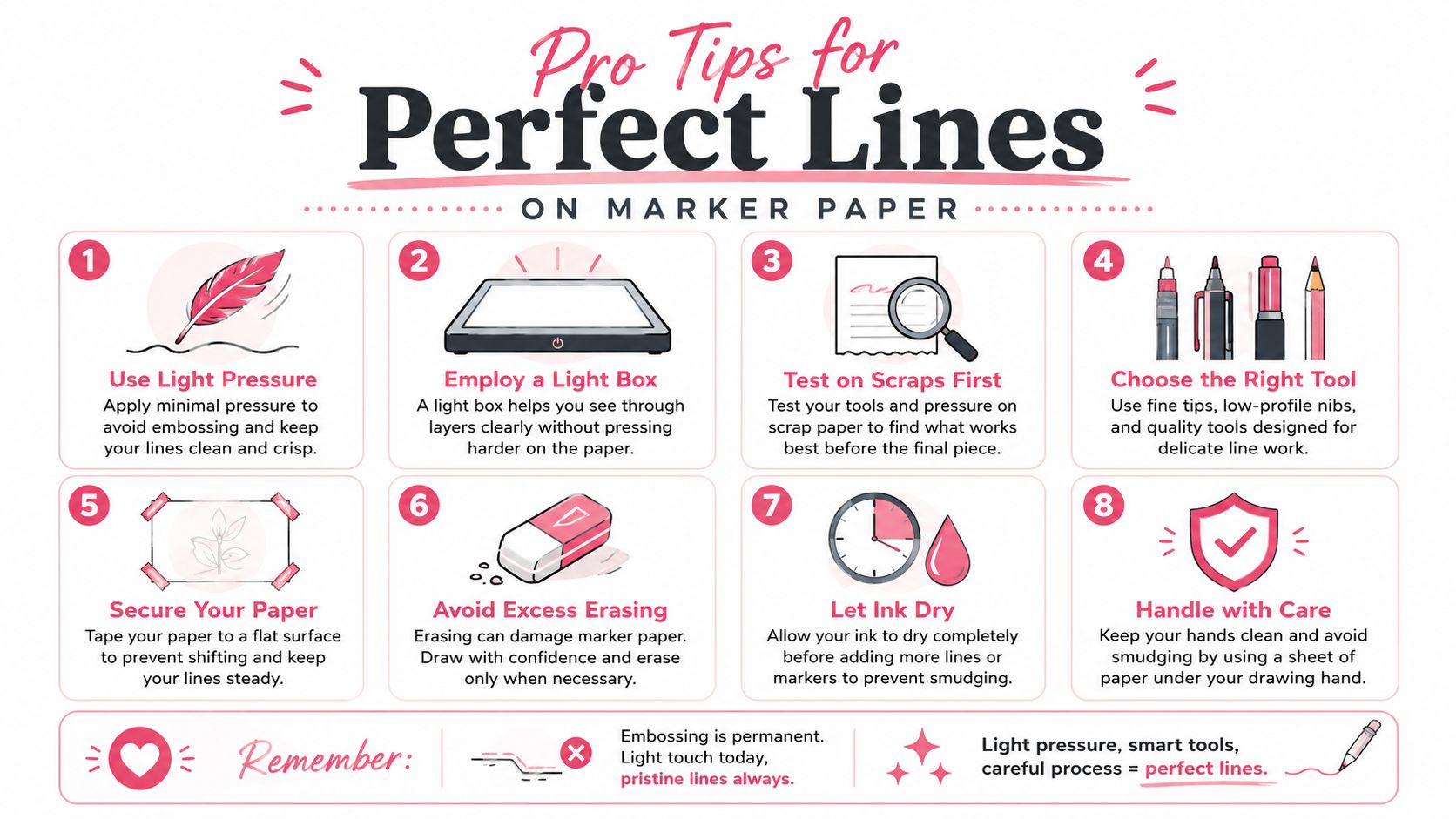 An infographic titled Pro Tips for Perfect Lines on Marker Paper with eight illustrated numbered tips.