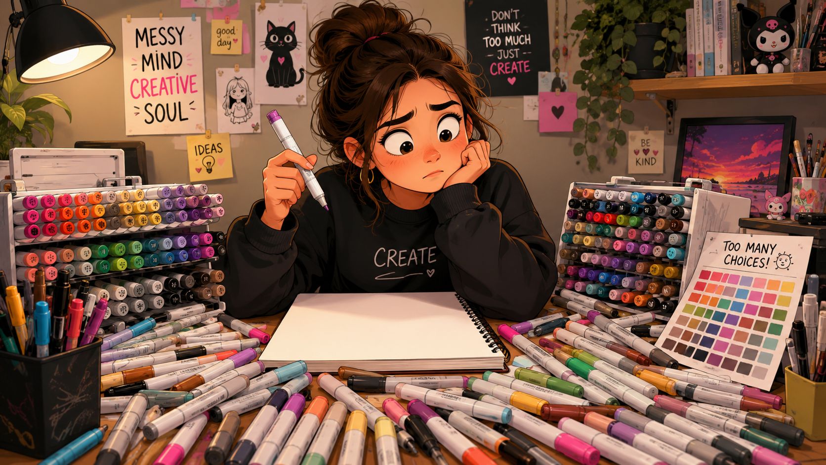 An overwhelmed young artist sits at a desk cluttered with colorful markers, looking at her blank sketchbook.