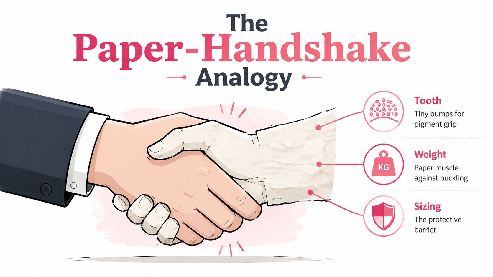 An infographic illustrating the paper-handshake analogy, detailing paper properties like tooth, weight, and sizing for artists.