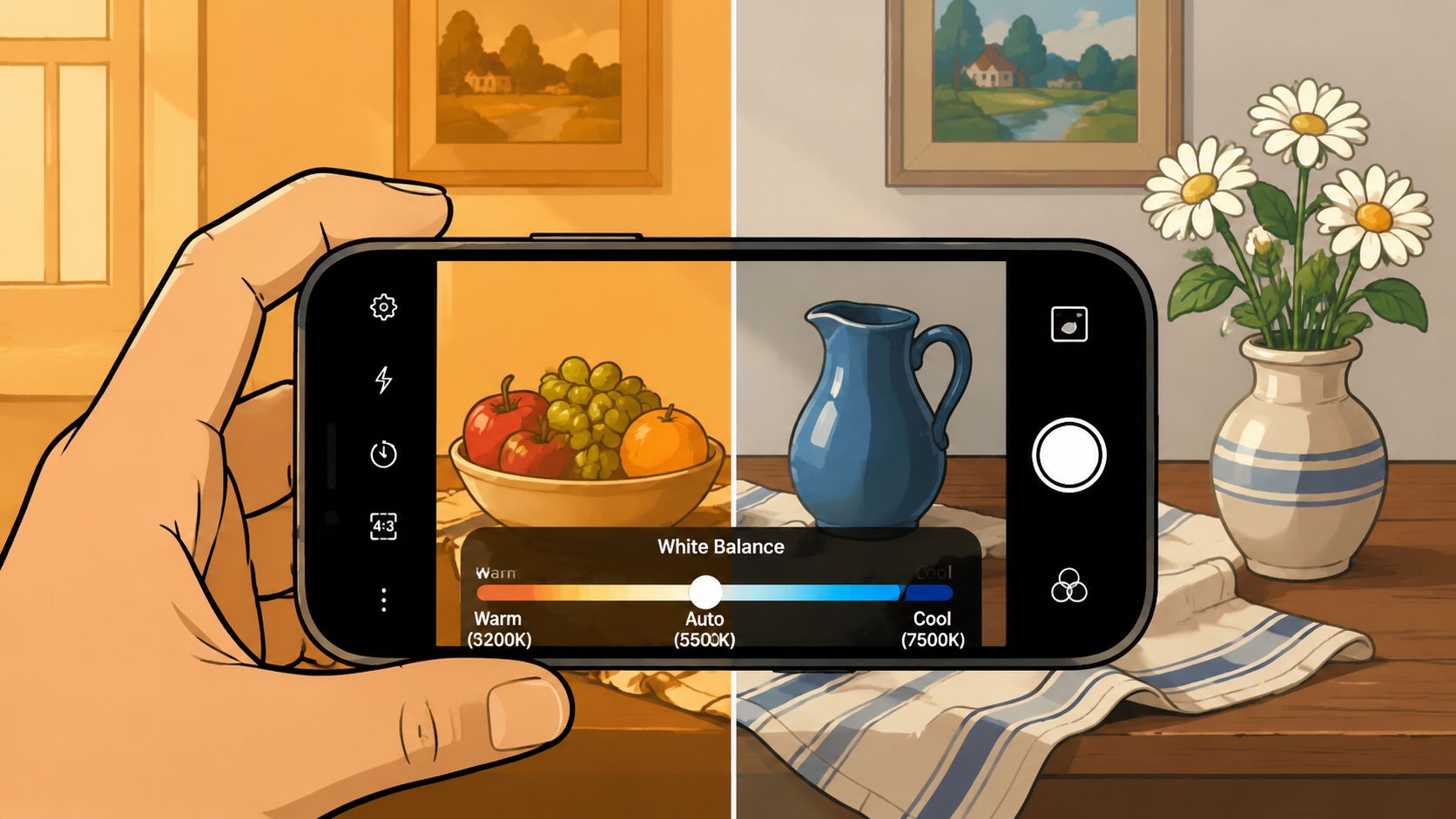 A hand holding a smartphone displaying a split-screen interface showing the impact of white balance color temperature settings.