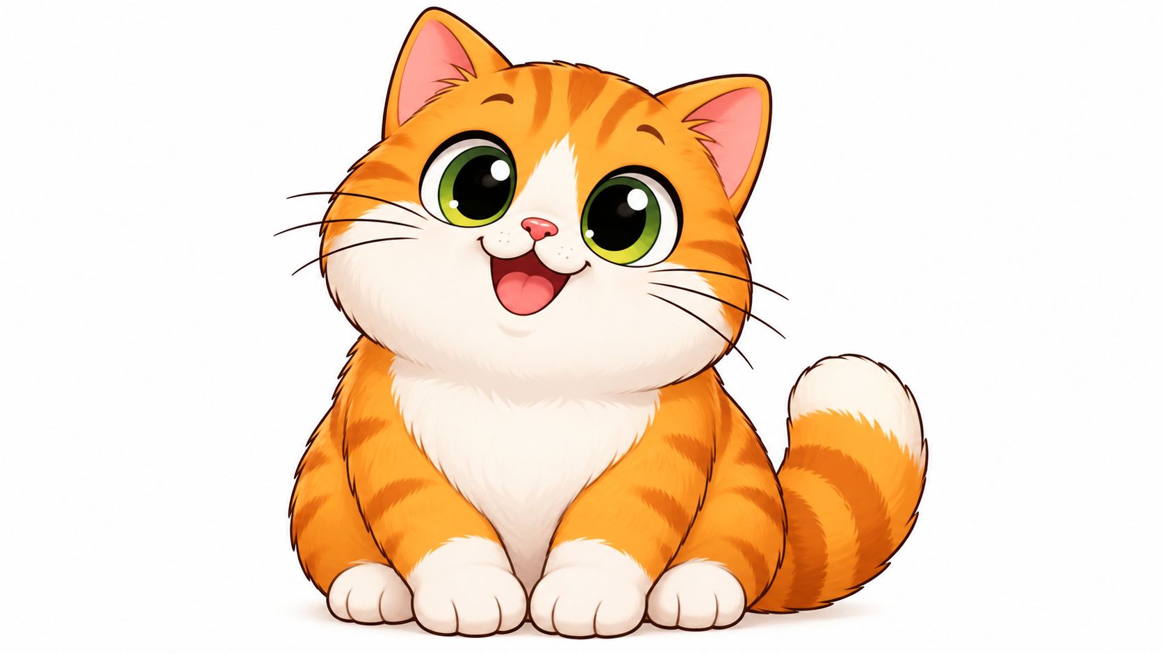 A cute cartoon orange tabby cat with large green eyes and a happy expression sitting down.