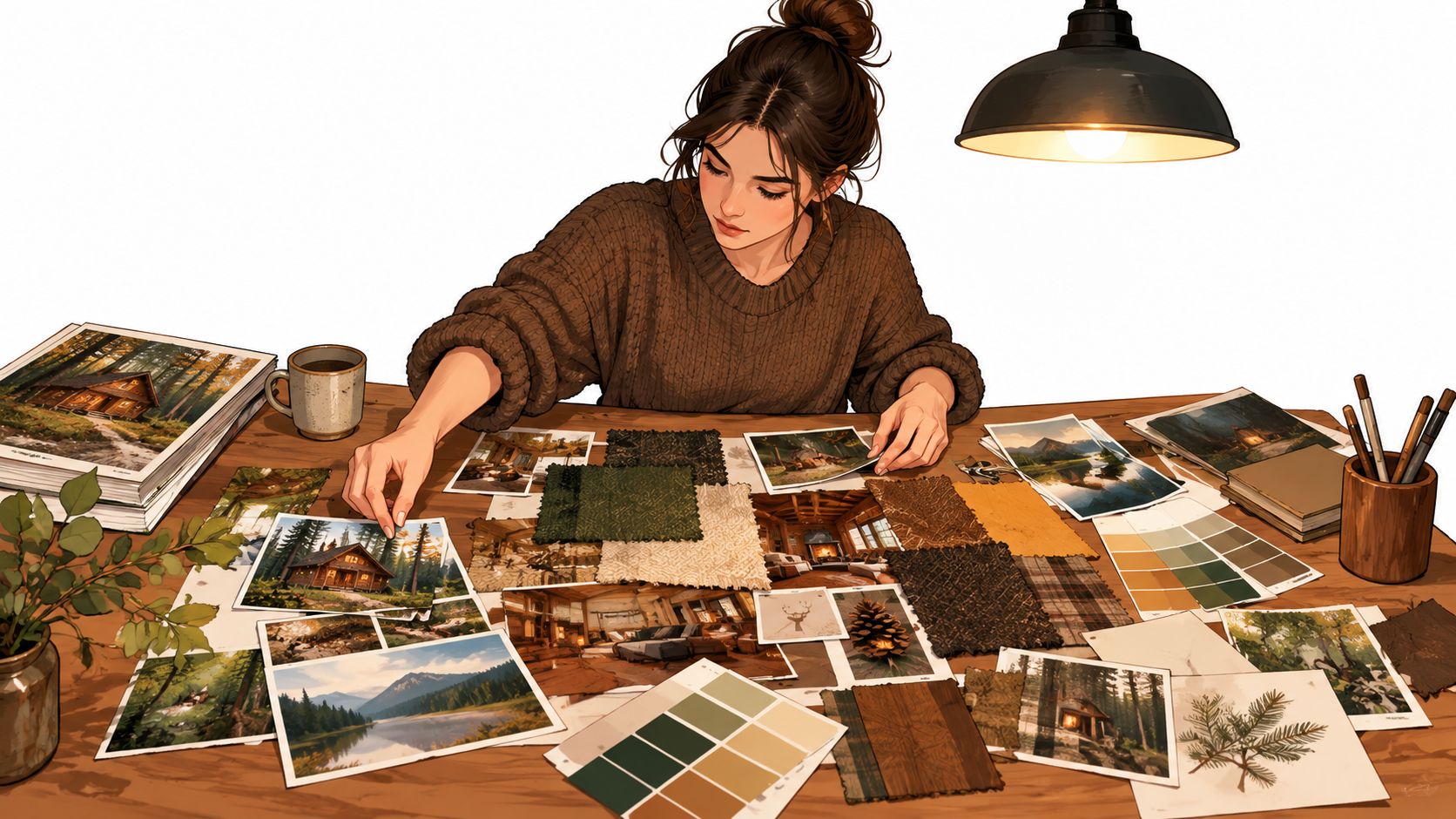 A young woman working on an interior design mood board for a rustic cabin on a wooden table.