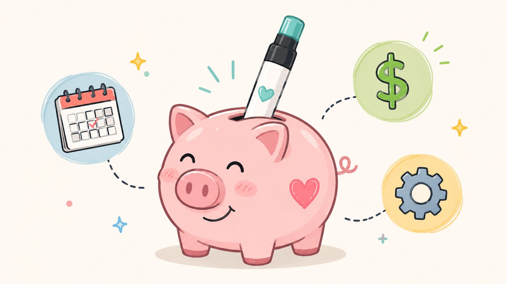 A cartoon piggy bank with a marker inside, surrounded by a calendar, money symbol, and gear icon.