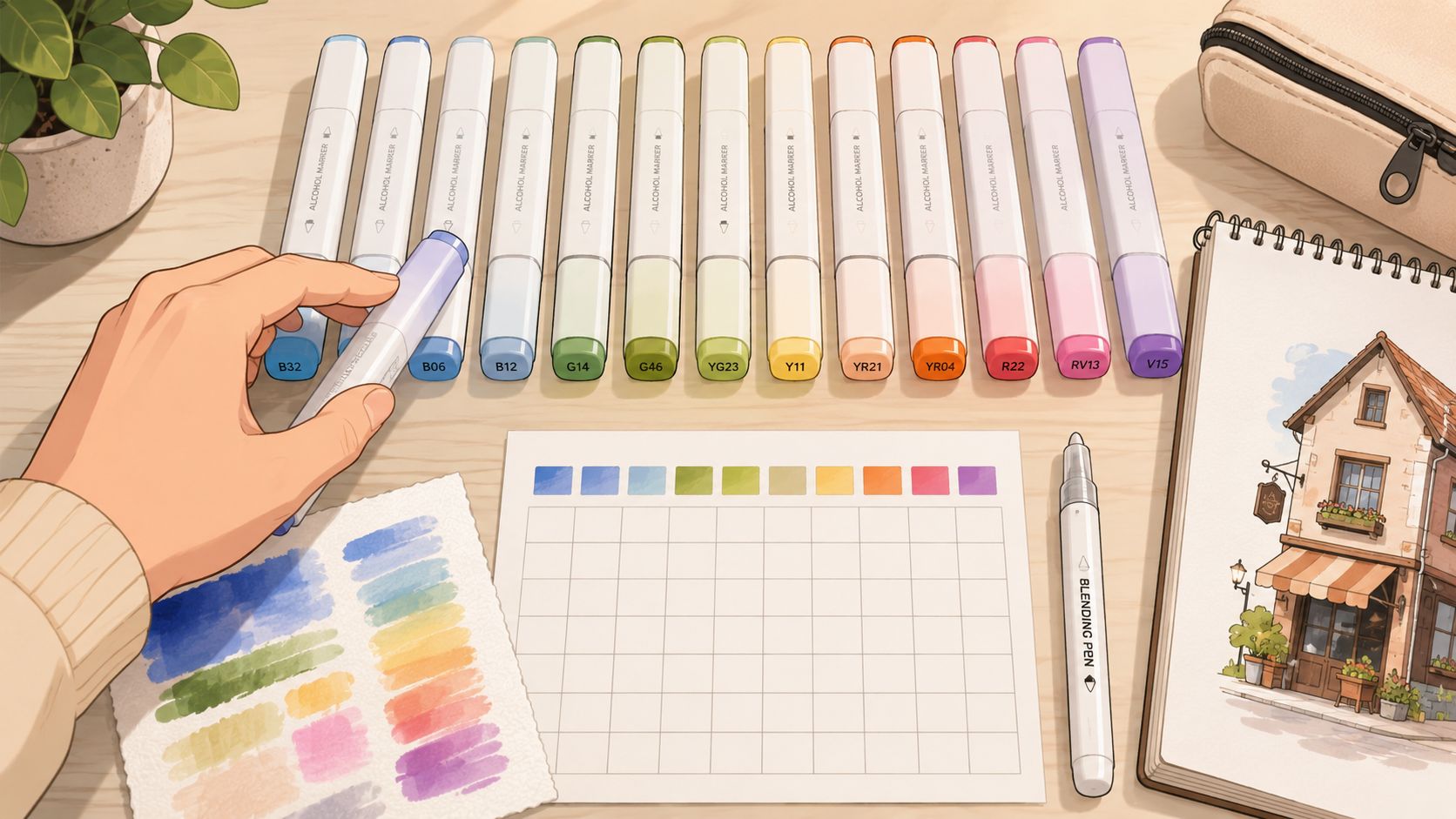 A hand selecting an alcohol marker from a colorful set near a sketchbook and swatch paper.