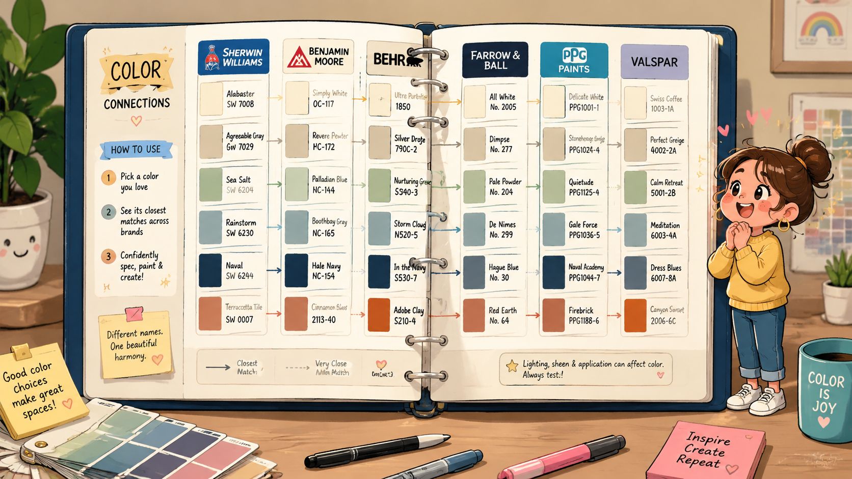 An illustrated color guide comparing paint swatches from major brands in an open binder on a desk.