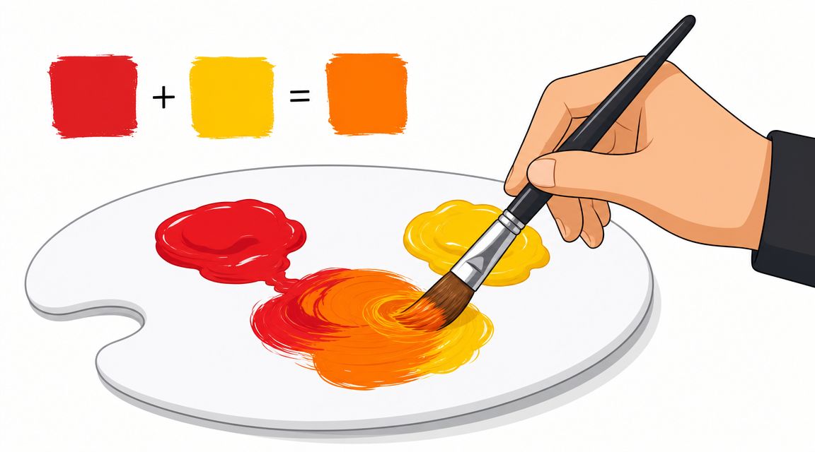 A hand holding a paintbrush mixing red and yellow acrylic paints on a white palette.
