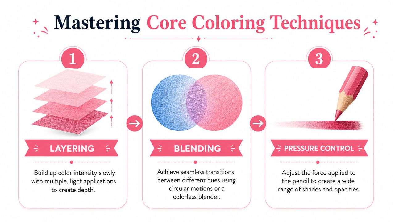 A graphic showing three core coloring techniques with colored pencils: layering, blending, and pressure control.