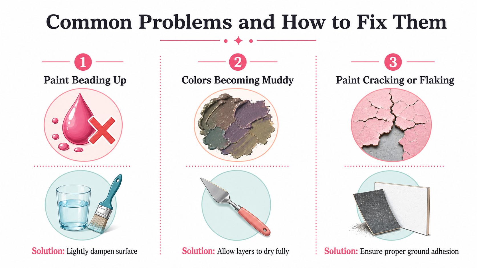 An infographic detailing common painting problems like beading, muddy colors, and cracking along with their solutions.