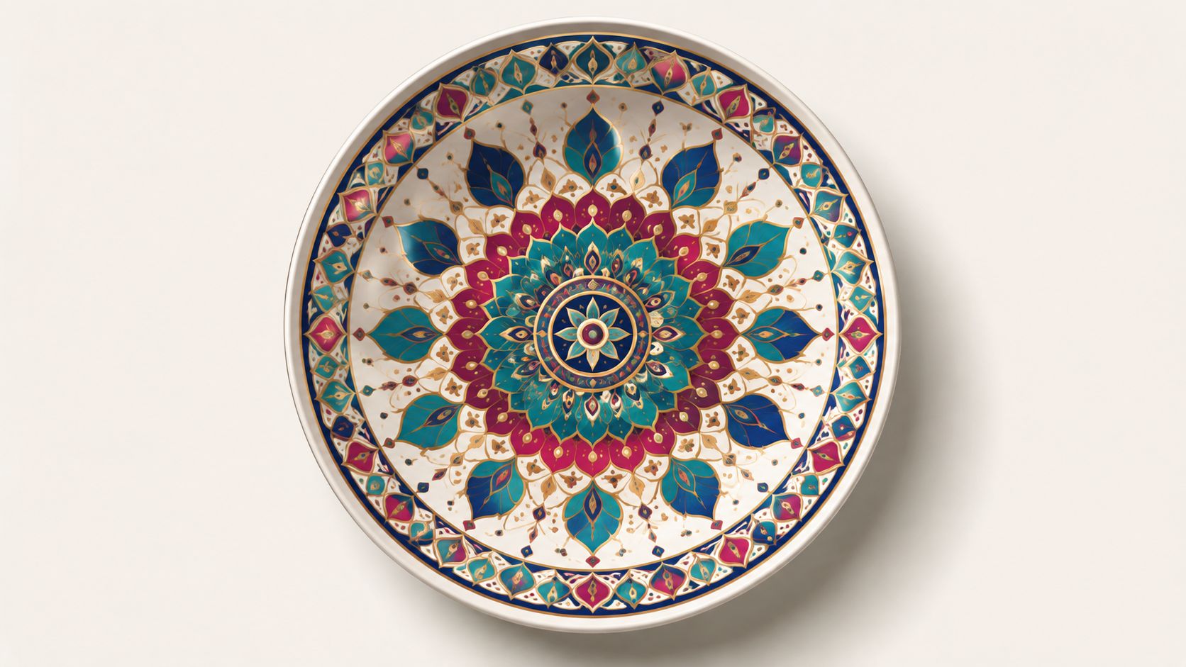 A top-down view of an ornate, white ceramic bowl decorated with intricate, symmetrical floral mandala patterns in blue, magenta, and gold.