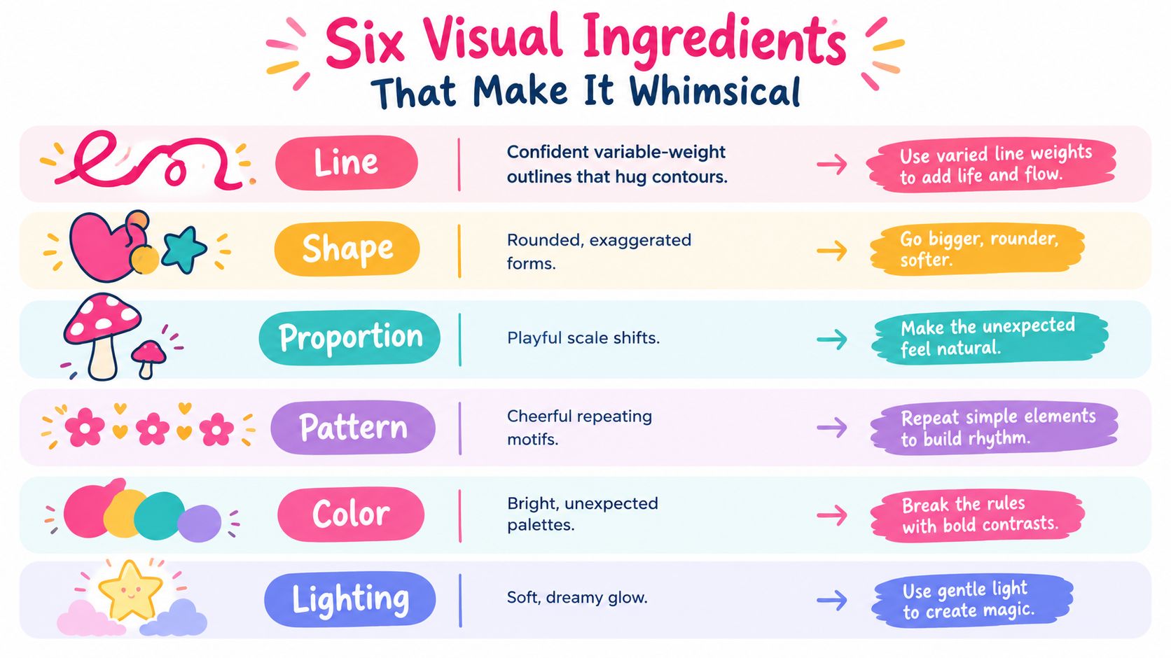 An infographic detailing six visual ingredients that make art whimsical, featuring line, shape, proportion, pattern, color, and lighting.