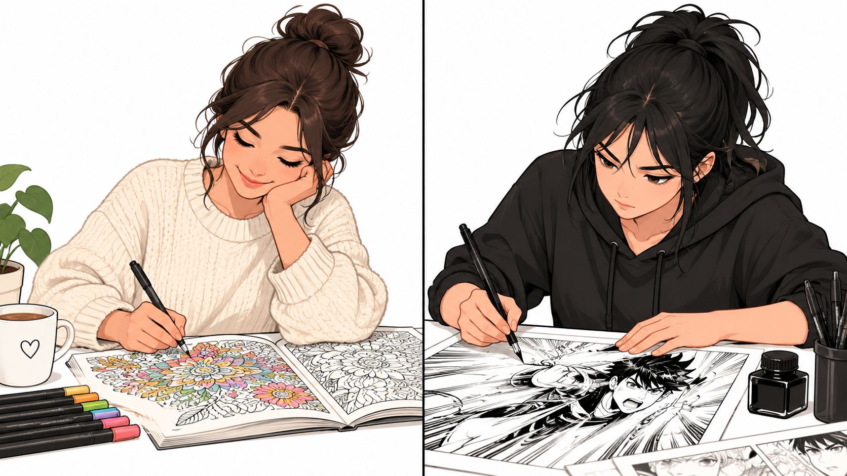 A split-screen illustration showing a person coloring a mandala and an artist drawing dynamic manga panels.