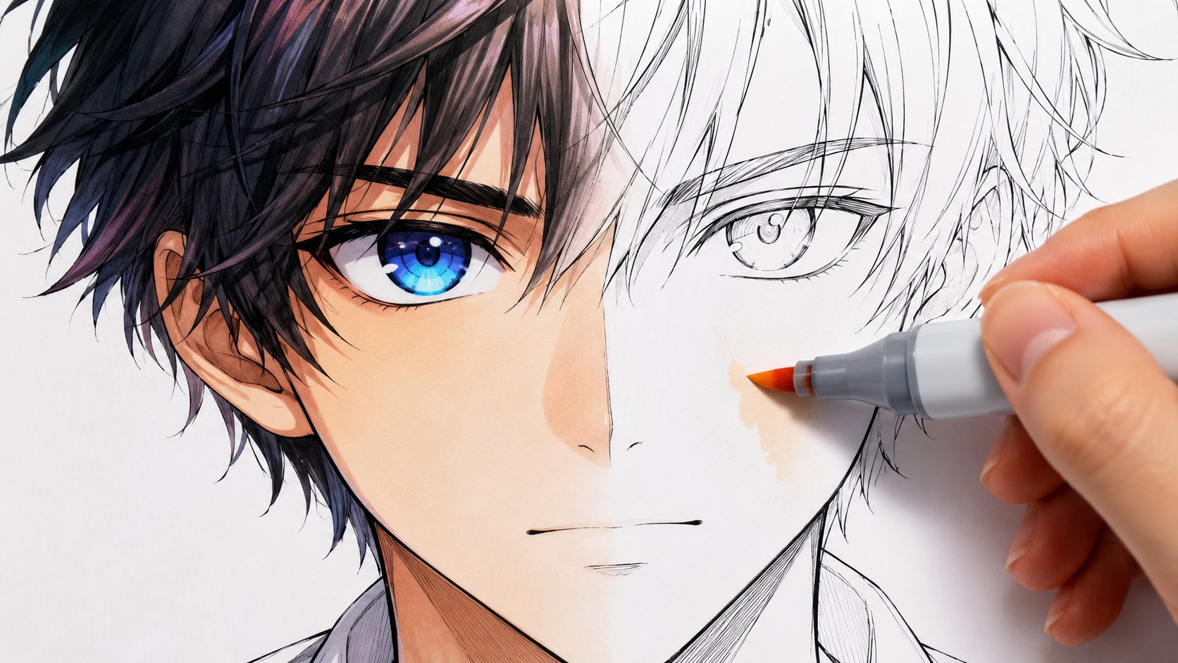 A hand coloring an anime character drawing with a professional alcohol-based marker on white paper.