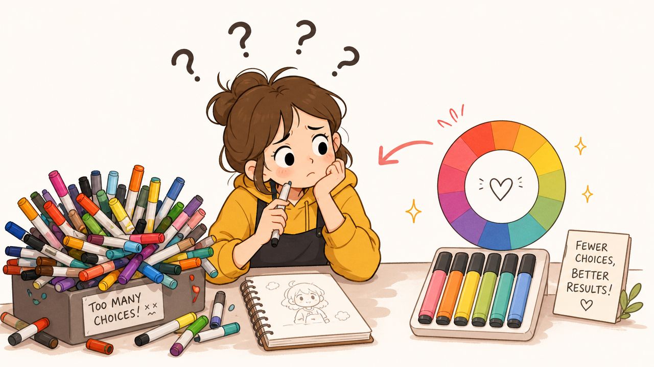 A young artist looking overwhelmed by many markers compared to a simplified, limited color selection palette.