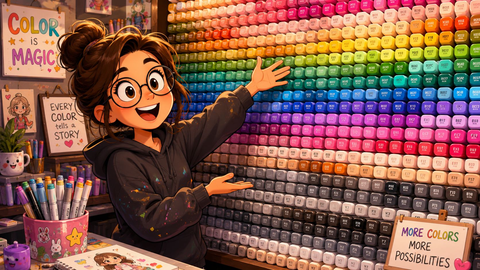 A happy anime-style girl standing in front of a large, organized wall of colorful alcohol markers.