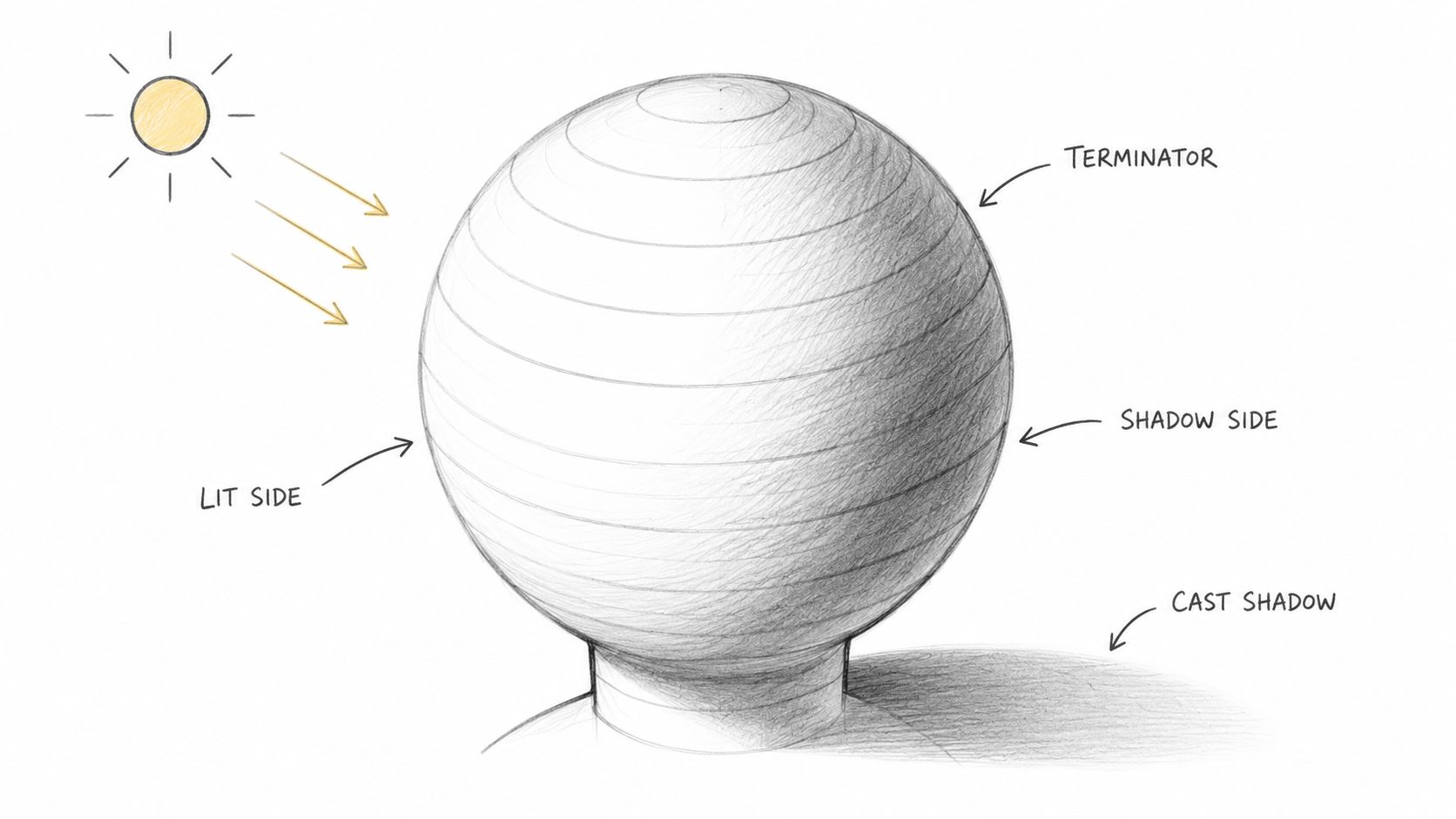 A pencil sketch of a sphere showing light, shadow side, terminator, and cast shadow for art.